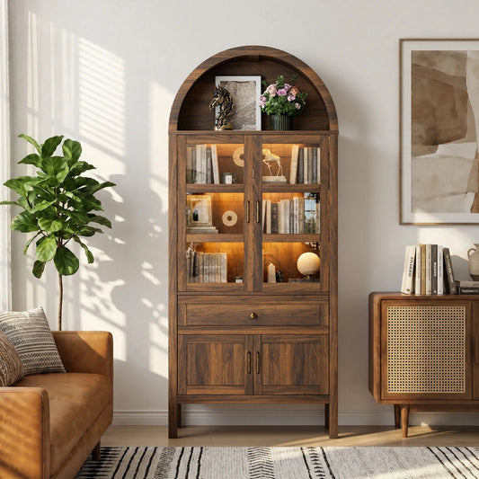 Cottinch Arched Storage Cabinet With Adjustable Shelves And LED Lights