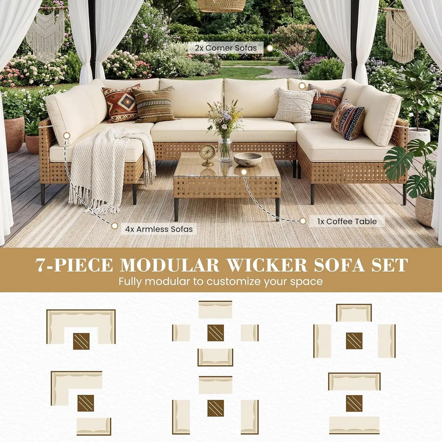 Modern Bamboo Modular Outdoor Patio Sectional Furniture Set