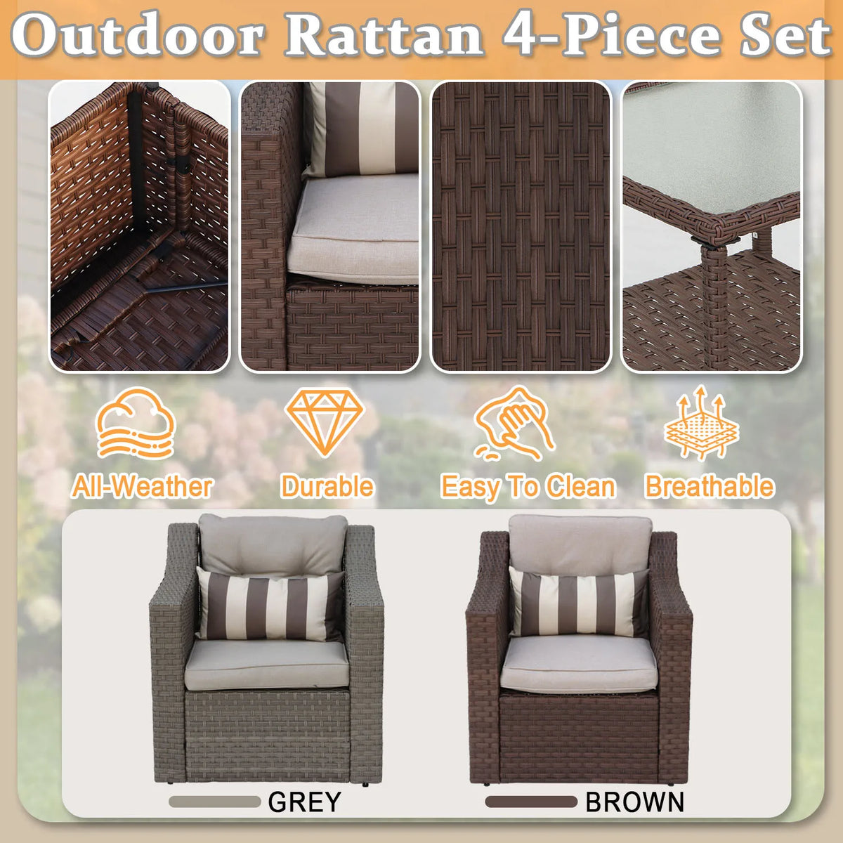 Four Piece Outdoor Wicker Rattan Patio Sectional Furniture Set