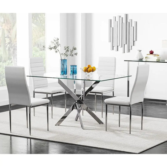 Modern Glass Dining Table Set With Four Upholstered Chairs