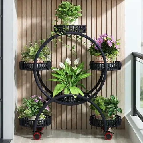 Multi Tier Rolling Metal Plant Stand With Six Pot Holders