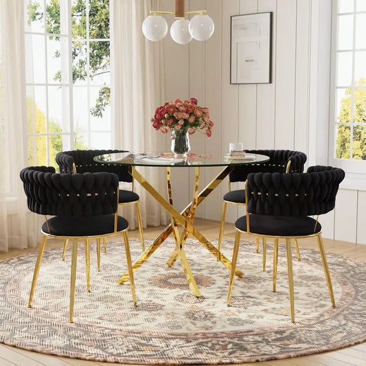 Modern Glass Dining Set with Velvet Upholstered Chairs
