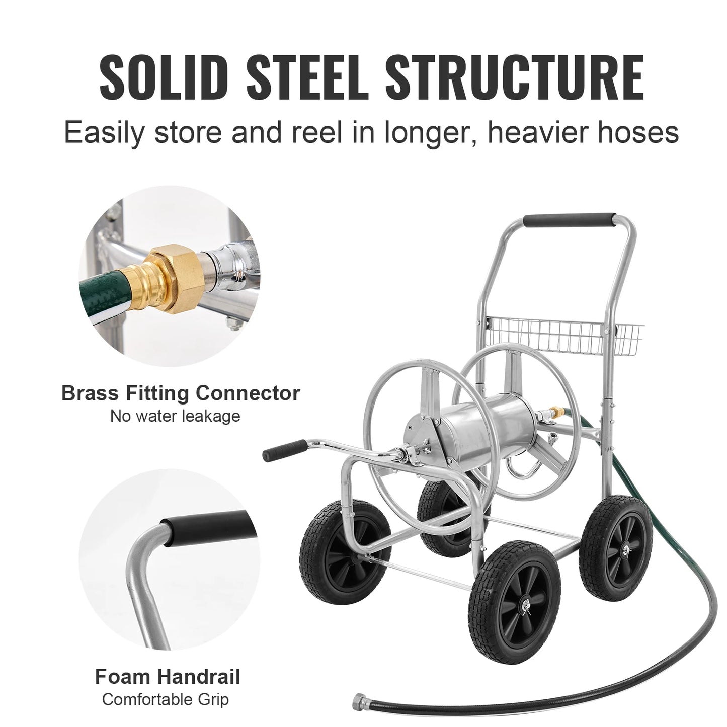 Heavy Duty Steel Garden Hose Reel Cart With Four Wheels