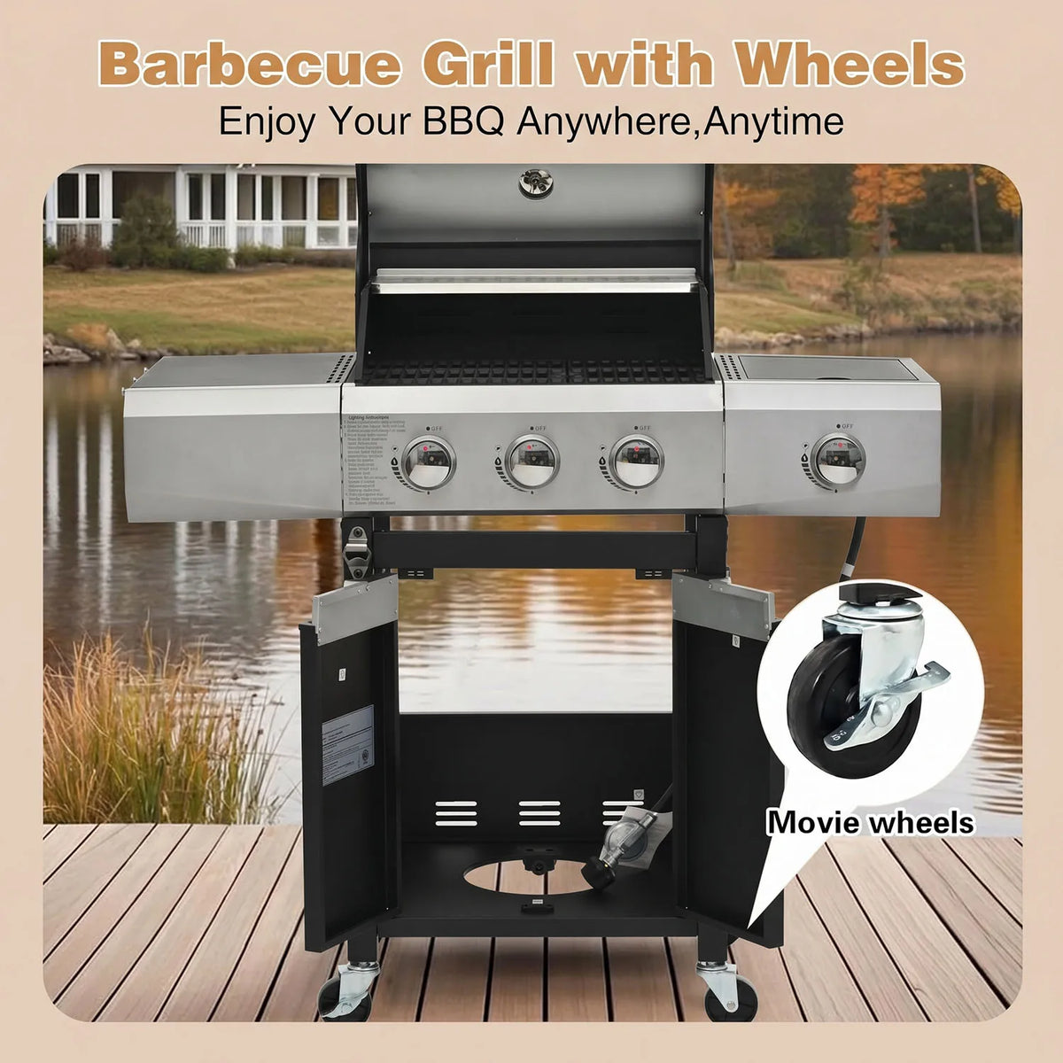 Three Burner Propane Gas Grill With Stainless Steel Side Burner And Wheels