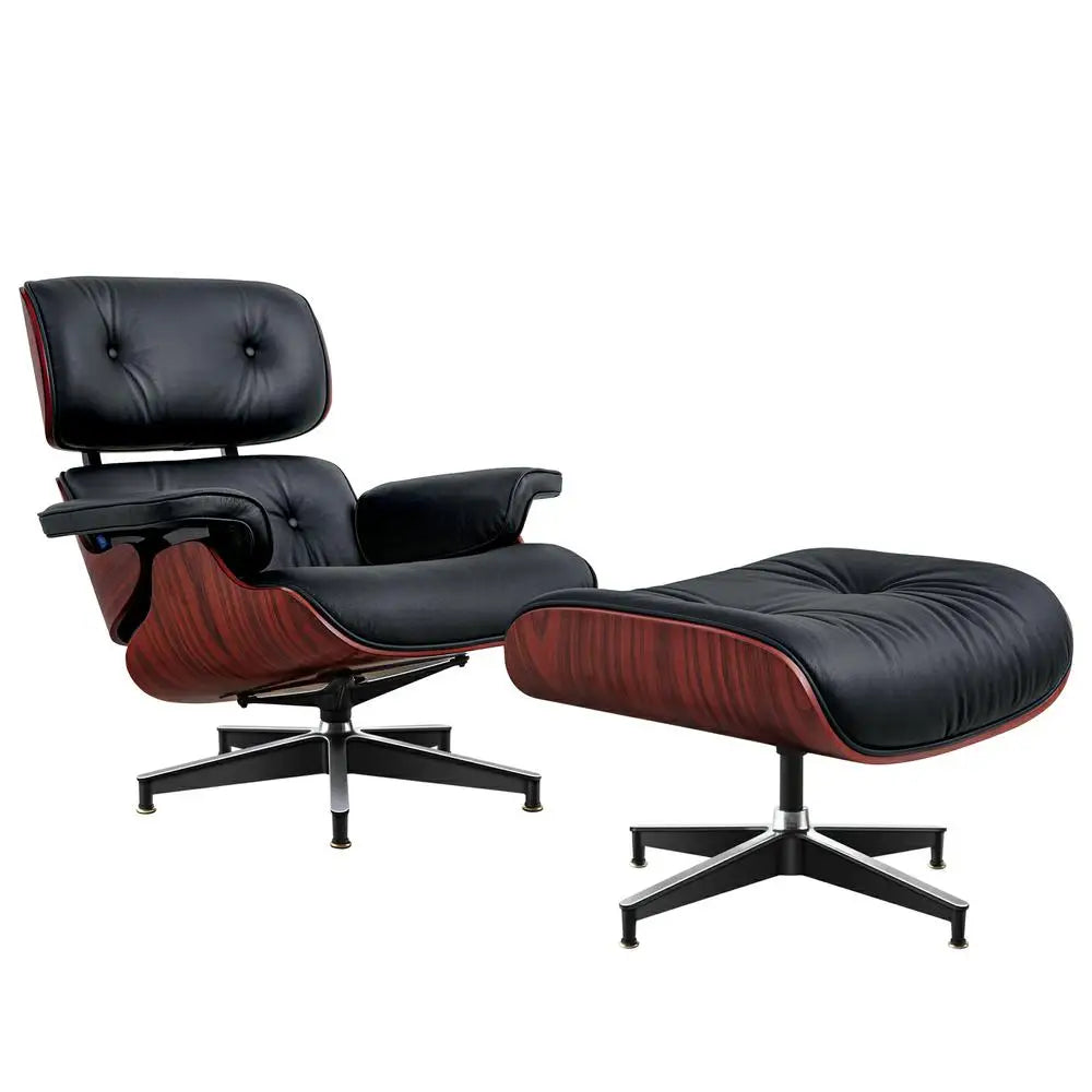 Genuine Leather Swivel Lounge Armchair With Ottoman