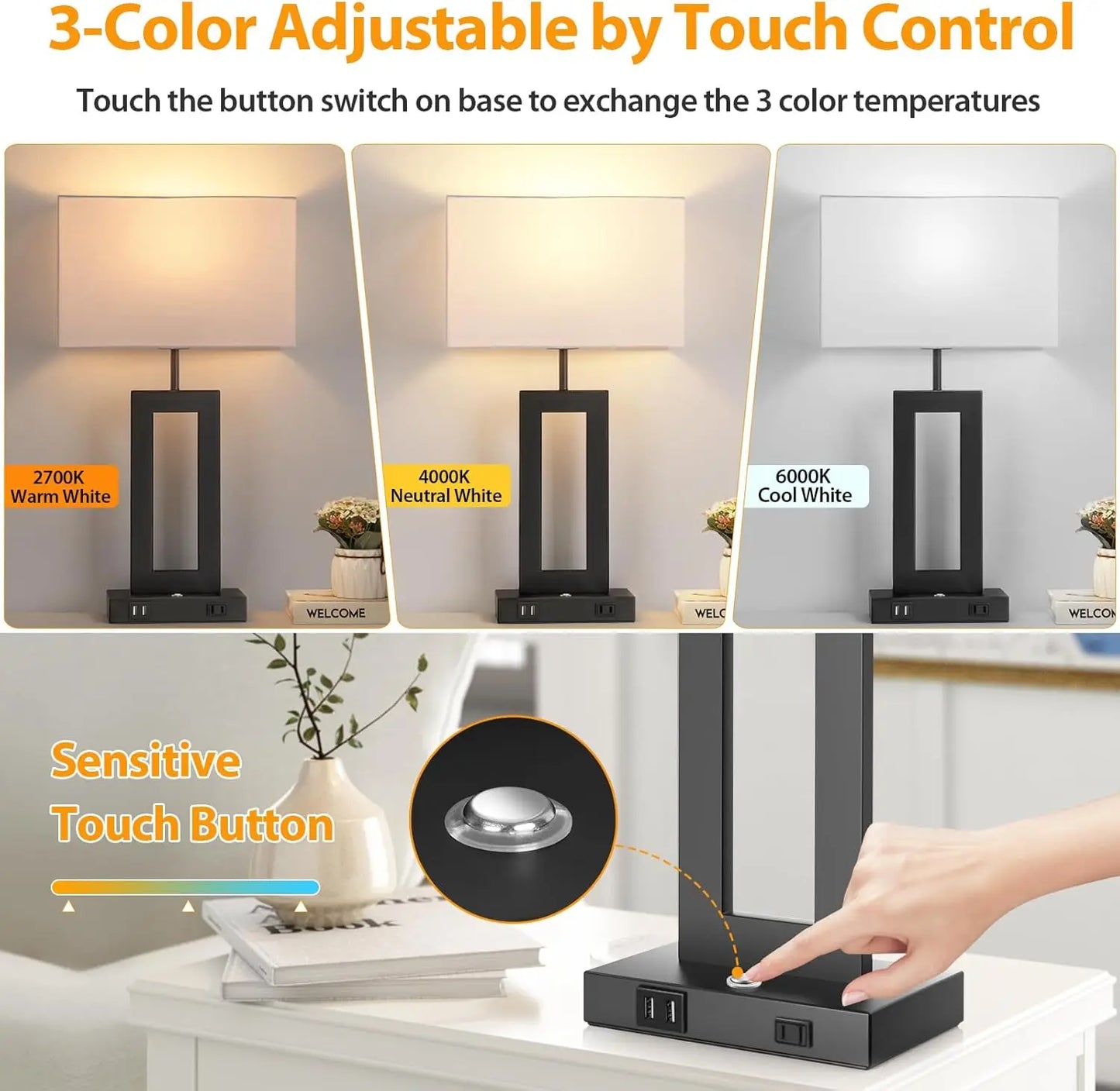 Solar Powered Table Lamps With Touch Dimming And Charging Ports