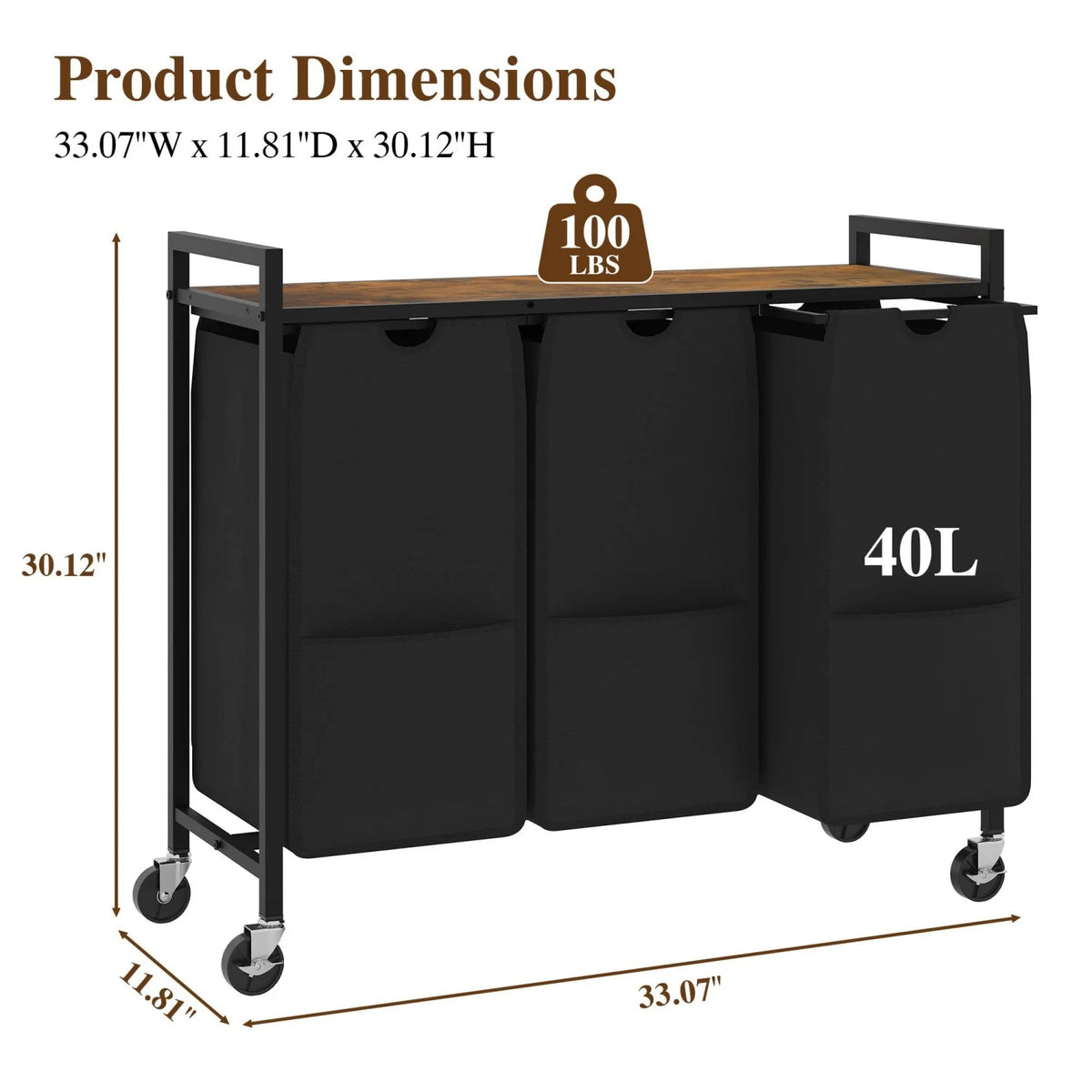 HiMISS Rolling Laundry Hamper With Shelf And Three Removable Bags