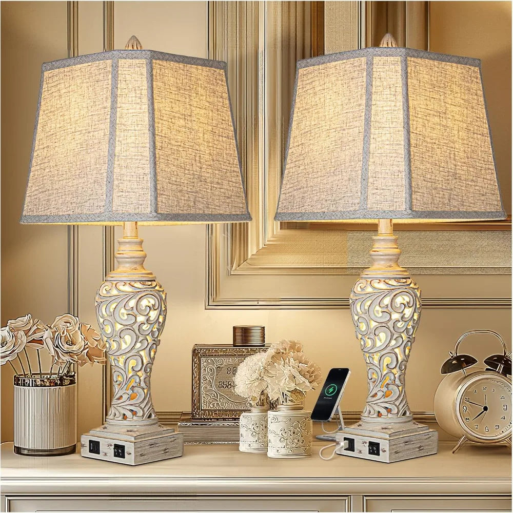 Two Fabric Table Lamps With Usb Port And Night Light