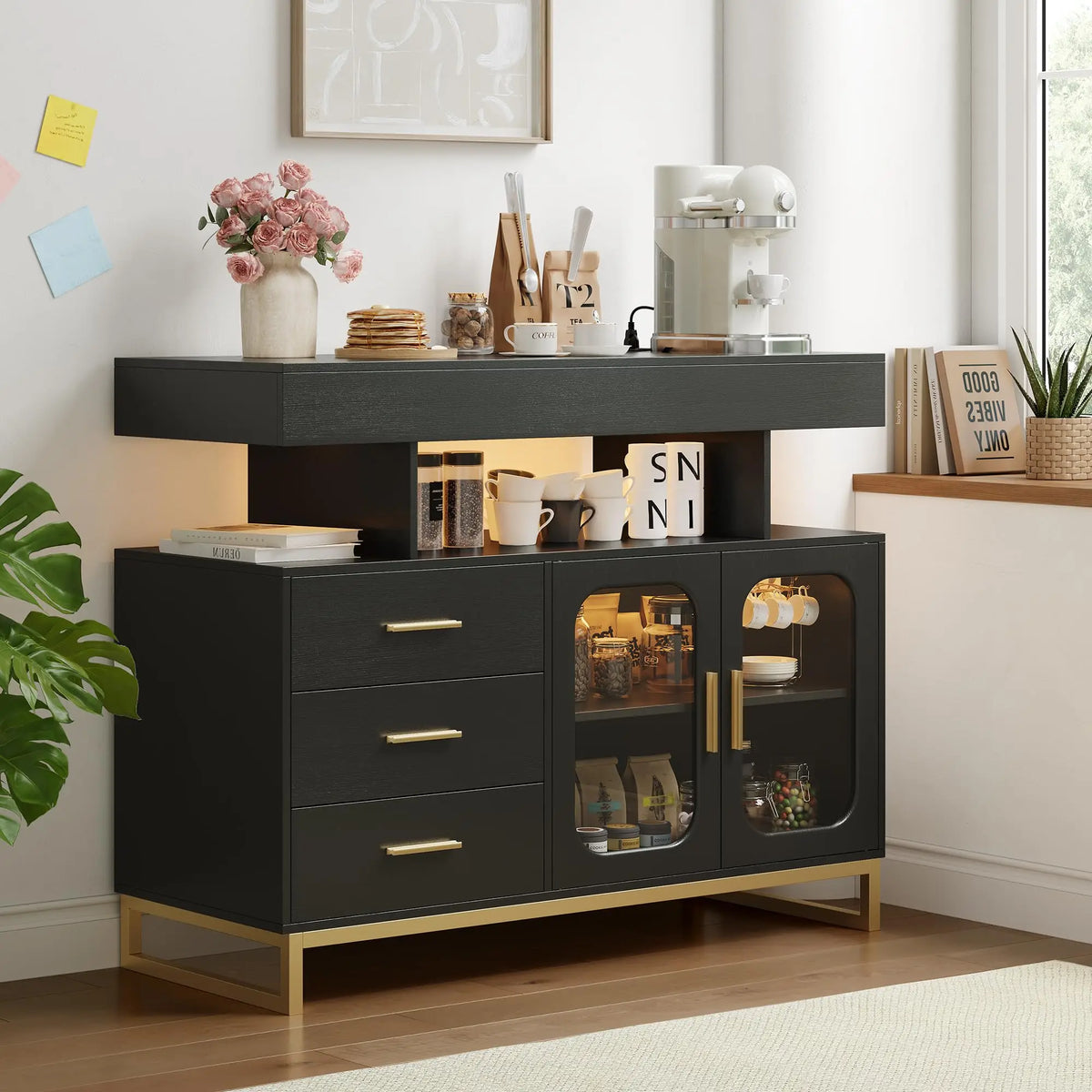 HiMISS Modern Sideboard Buffet Cabinet With LED Lights And Storage