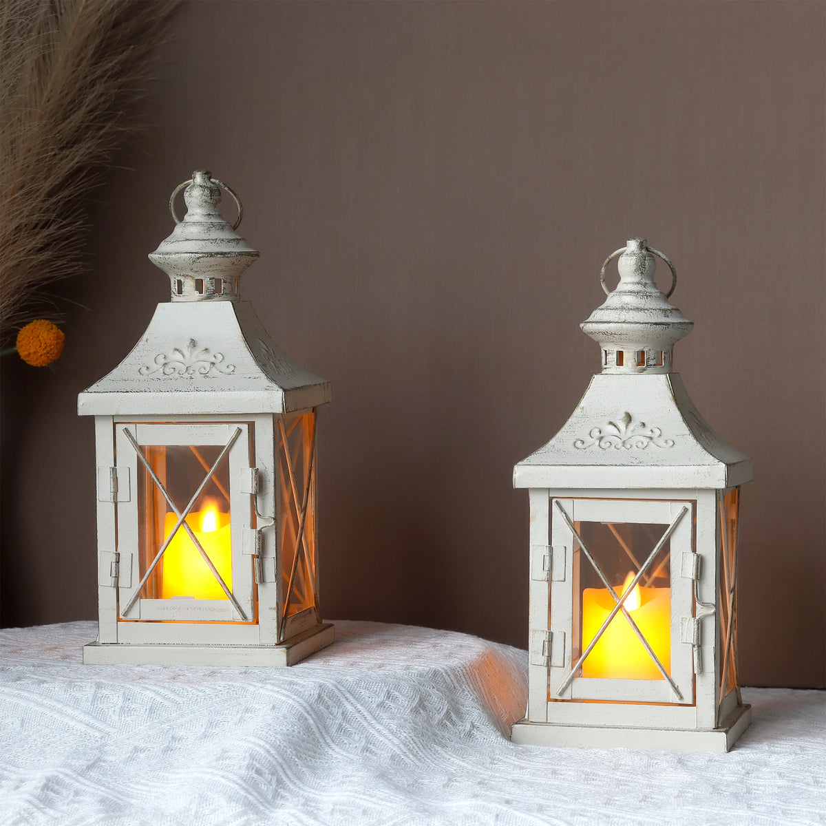 Set of 2 Decorative Candle Lantern 11'' High Metal Candle Holder Hanging Lantern Perfect for Home Decor Halloween Living Room
