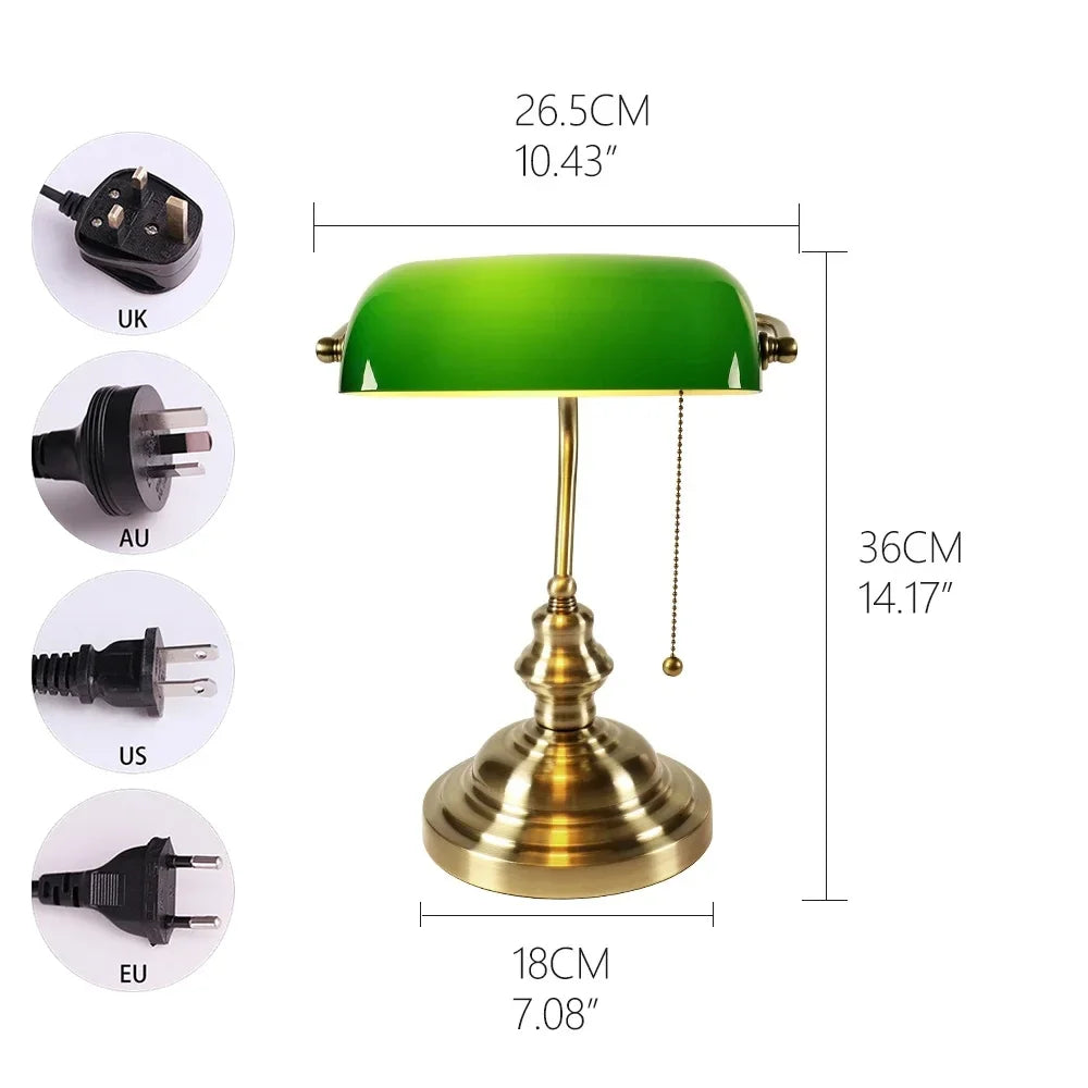 Classical Glass And Iron Bankers Desk Lamp With Zipper Switch