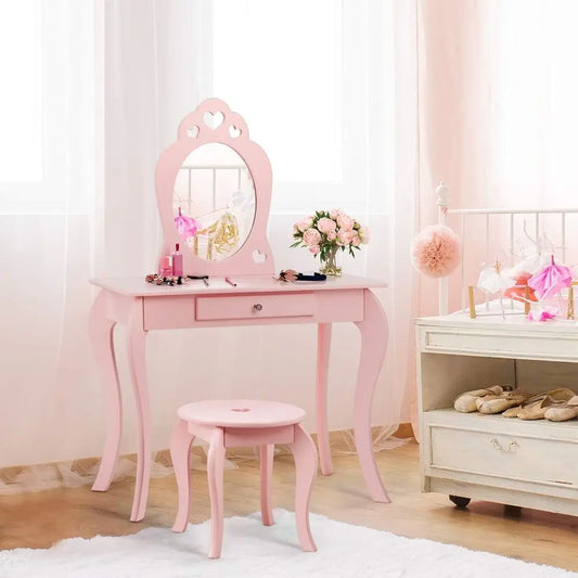 Wooden Kids Vanity Set With Mirror And Storage Stool