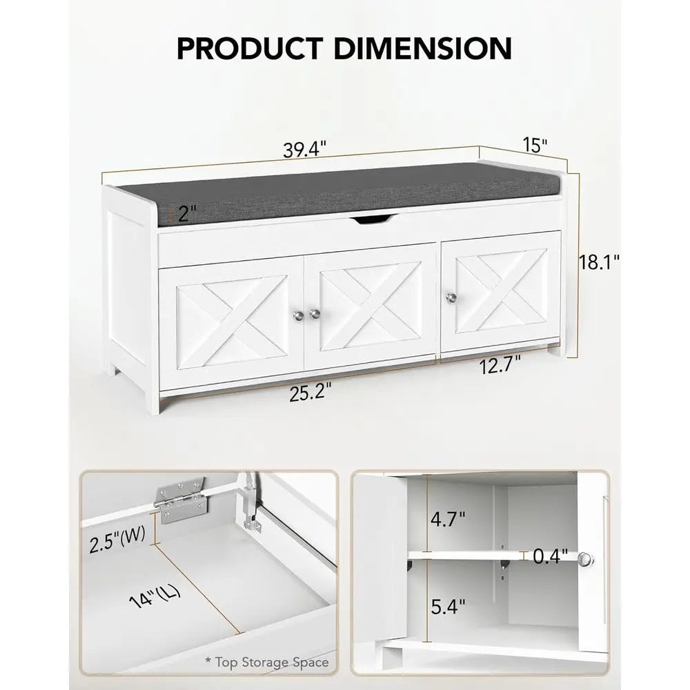 Farmhouse Wood Shoe Storage Bench With Cushioned Lift Top Seat