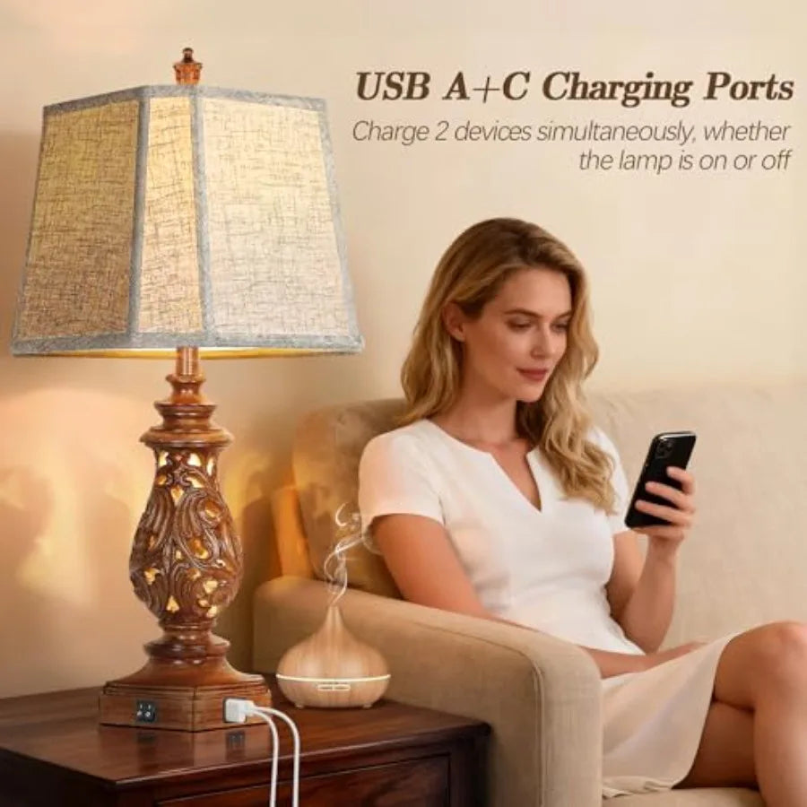 Farmhouse Table Lamps With Usb Charging Ports And Linen Shades
