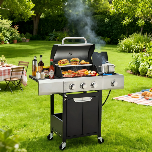Three Burner Propane Gas Grill With Stainless Steel Side Burner And Wheels