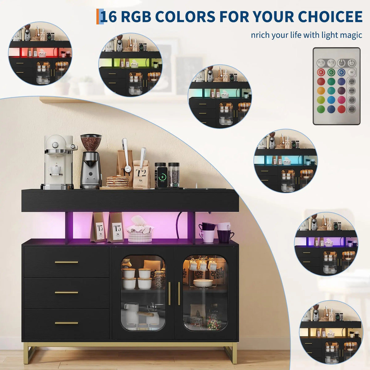HiMISS Modern Sideboard Buffet Cabinet With LED Lights And Storage