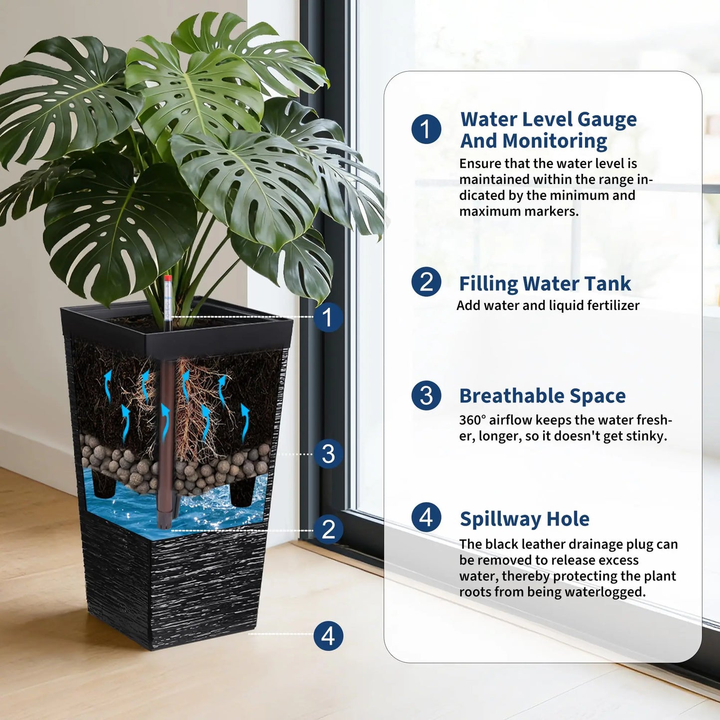 HiMiss Self Watering Planters For Front Porch Indoor Outdoor Drainage