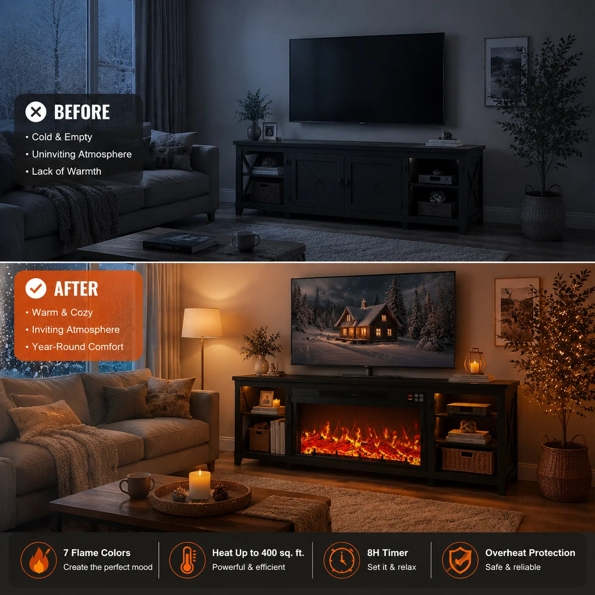 Farmhouse Electric Fireplace TV Stand With Remote Control And Heating