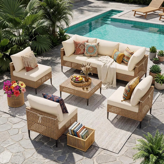 Modern Outdoor Patio Sectional Sofa With Glass Coffee Table