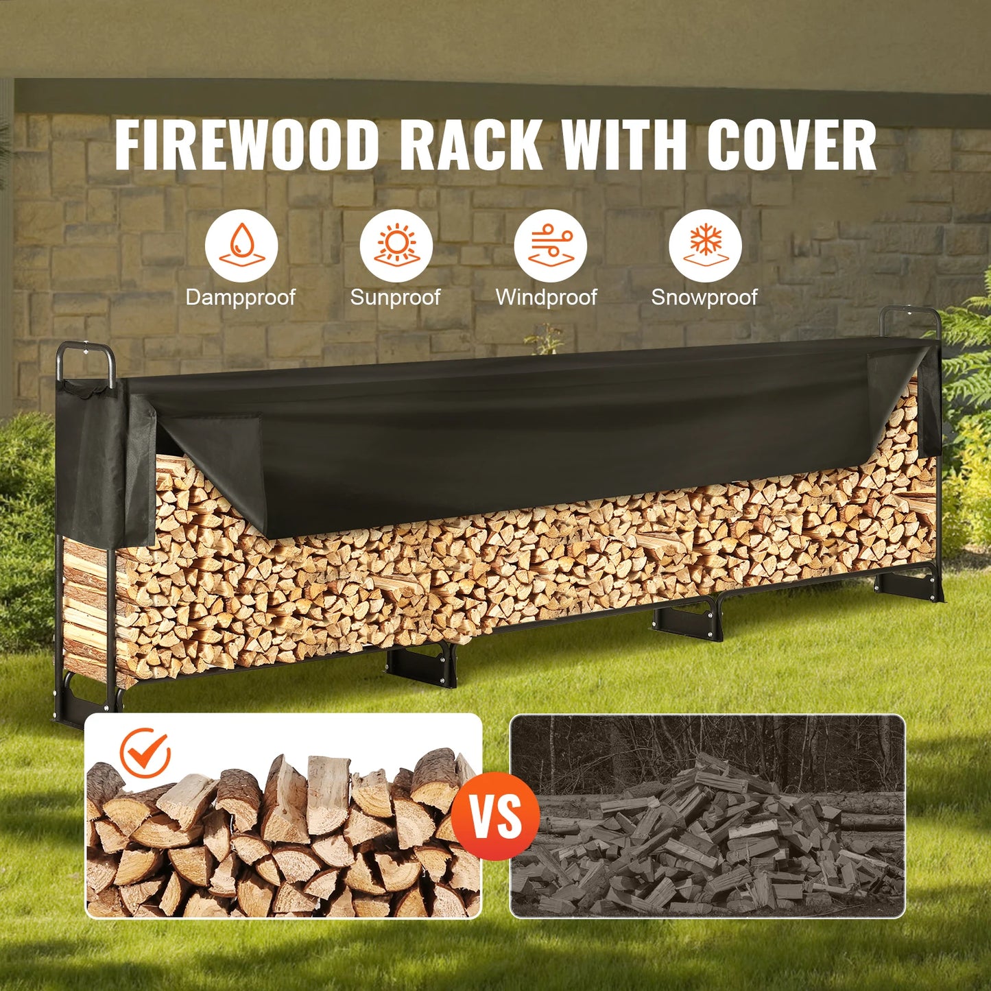 SucceBuy Heavy Duty Outdoor Firewood Rack With Waterproof Cover
