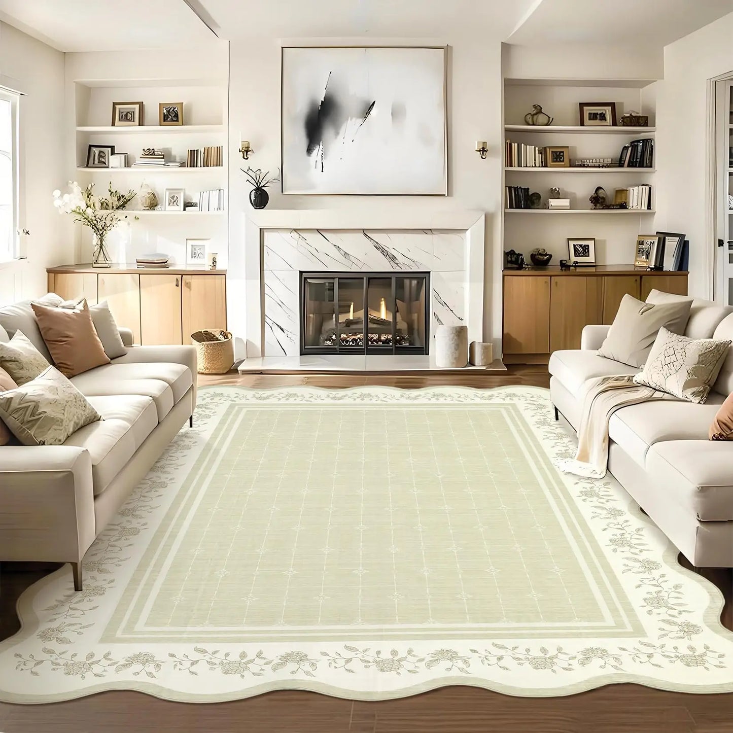 Foldable Low Pile Washable Area Rug Featuring Modern Scalloped Edge