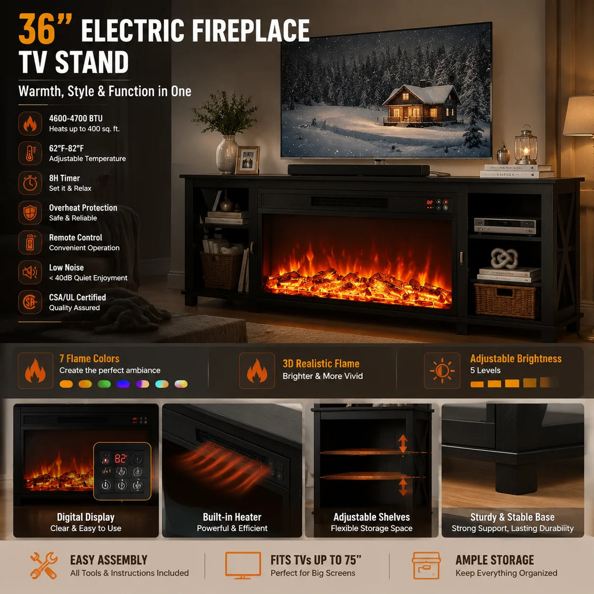 Farmhouse Electric Fireplace TV Stand With Remote Control And Heating