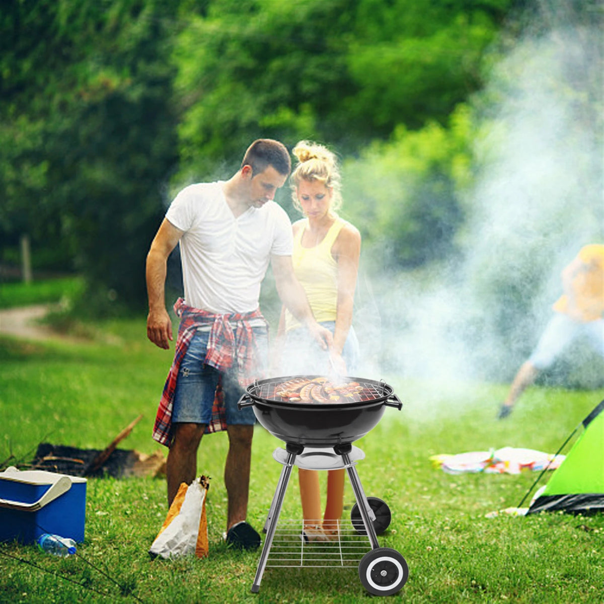 Compact Portable Charcoal Grill With Thermometer And Wooden Handle