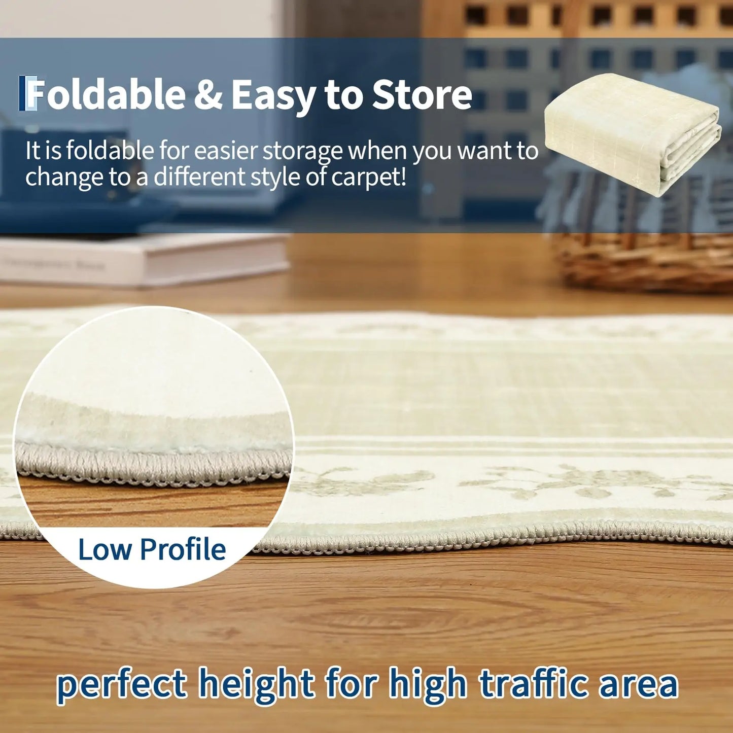 Foldable Low Pile Washable Area Rug Featuring Modern Scalloped Edge