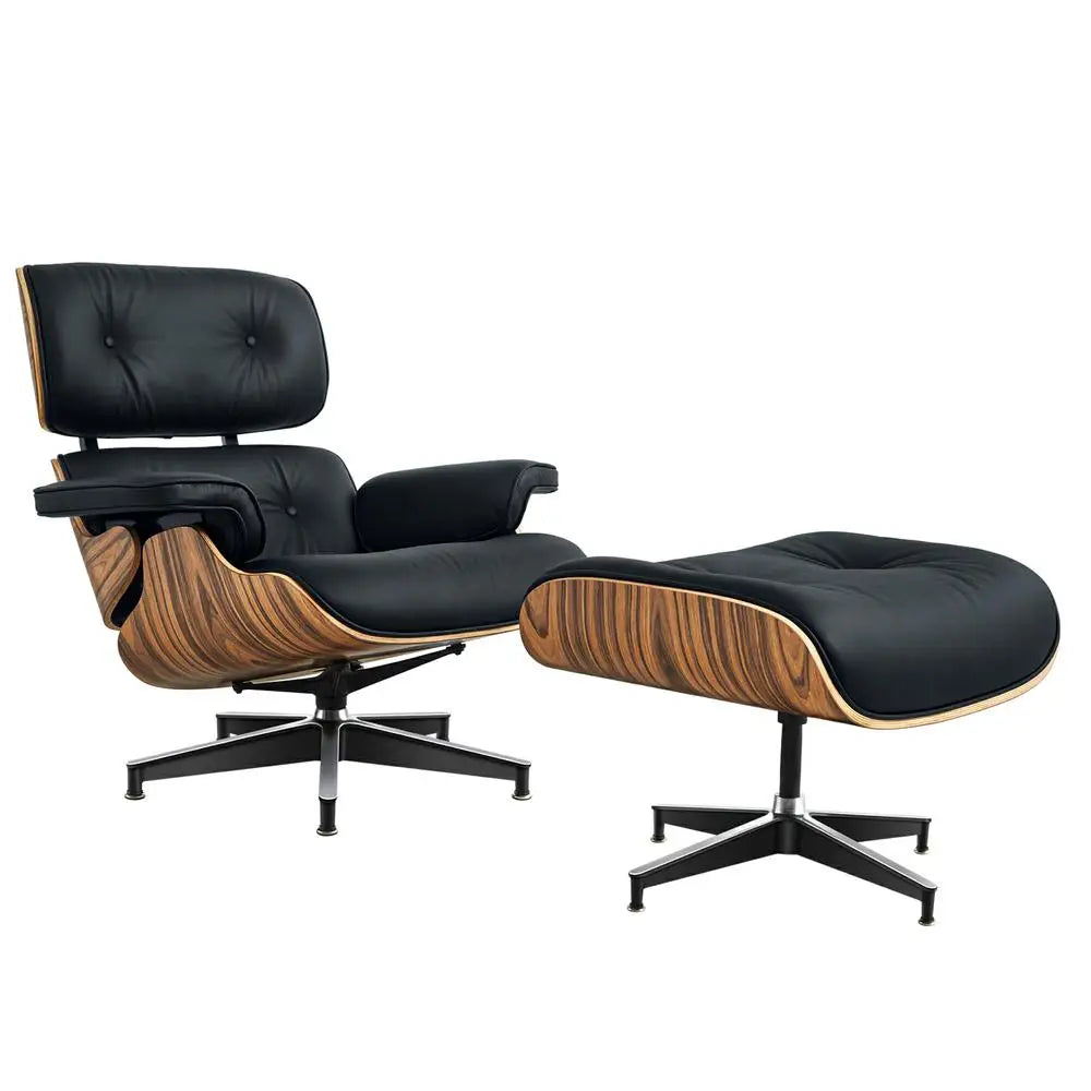 Genuine Leather Swivel Lounge Armchair With Ottoman