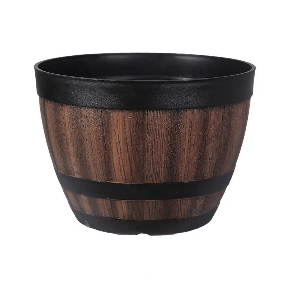 Rustic Faux Wooden Barrel Planter For Garden Patio Decor