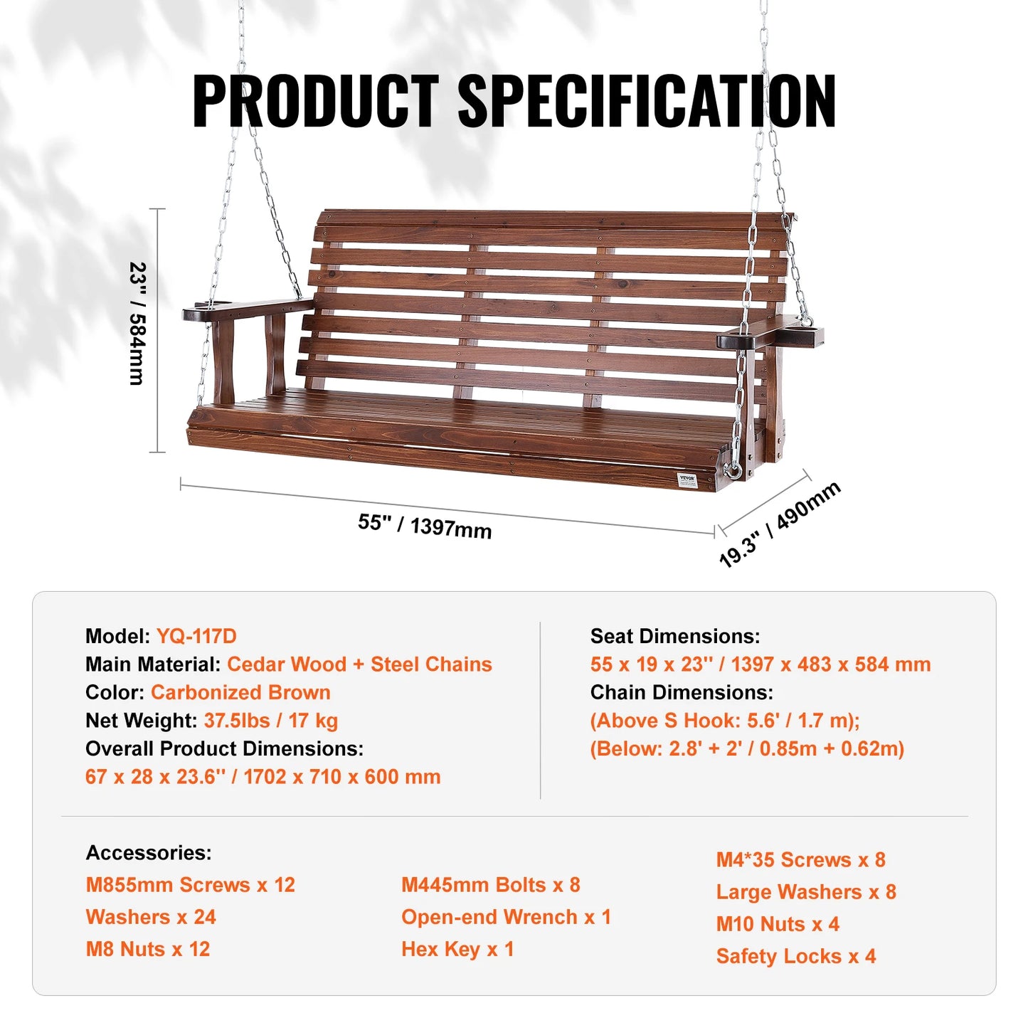 Succebuy Cedar Wood Outdoor Porch Swing Patio Garden Bench