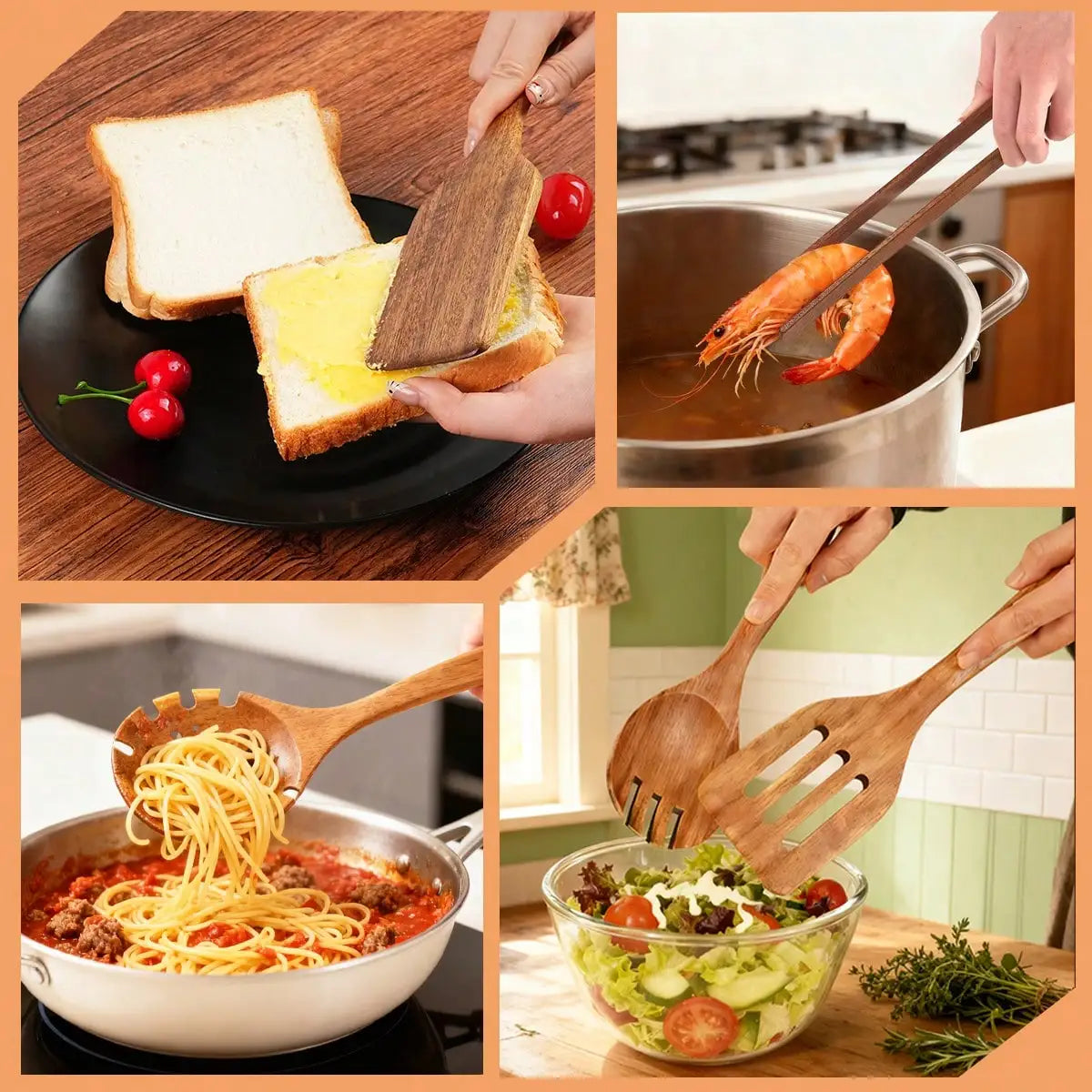 Teak Wood Cooking Utensil Set For Nonstick Cookware