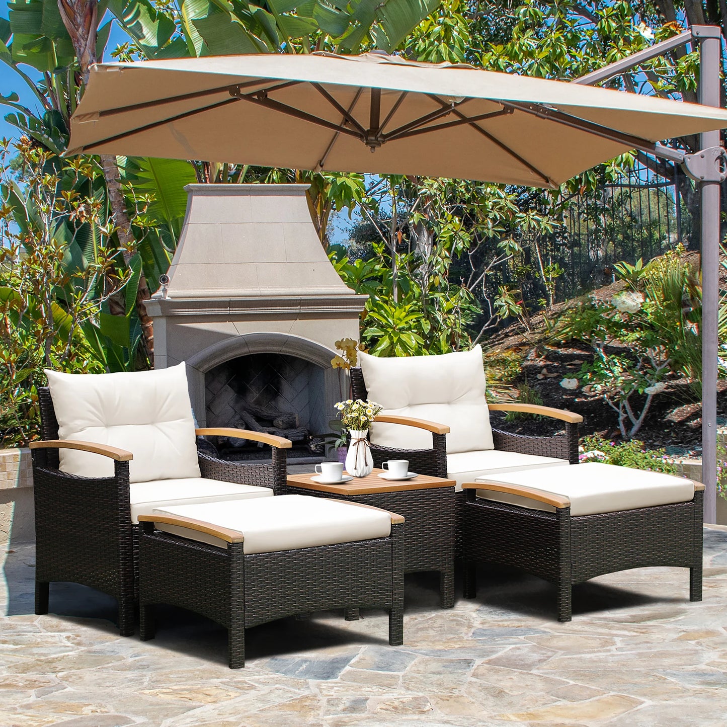 Homasis Outdoor Rattan Patio Sofa Set With Wooden Table