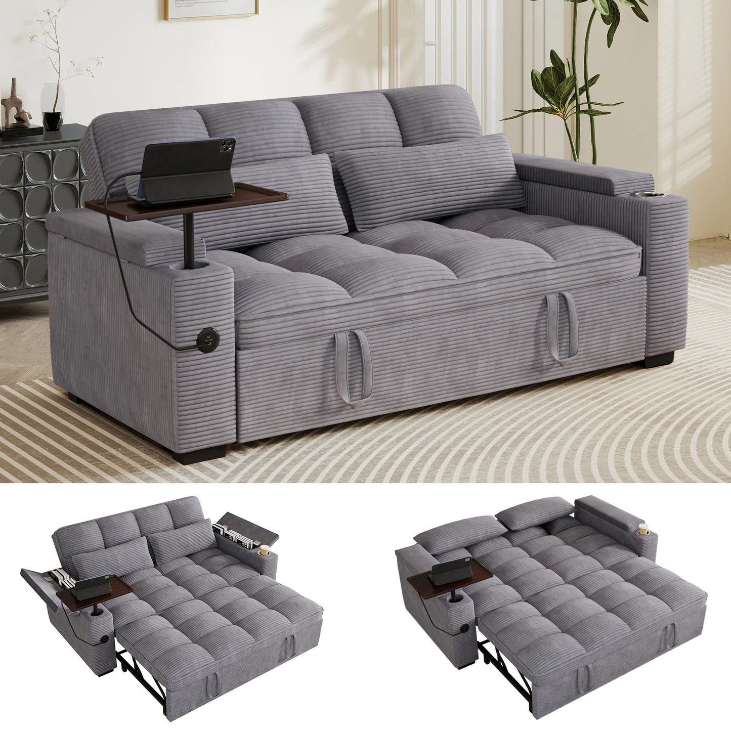 Contemporary Convertible Sofa Bed With Swivel Side Table And Usb