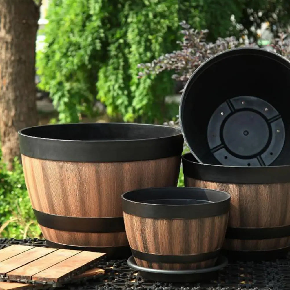 Rustic Faux Wooden Barrel Planter For Garden Patio Decor