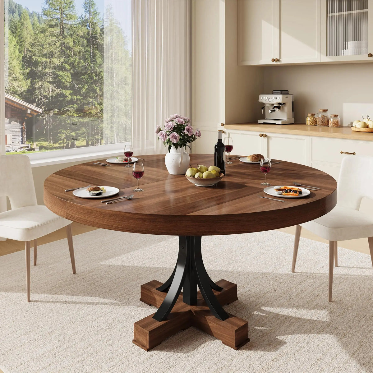 HiMISS Farmhouse Round Dining Table With Metal Pedestal Base