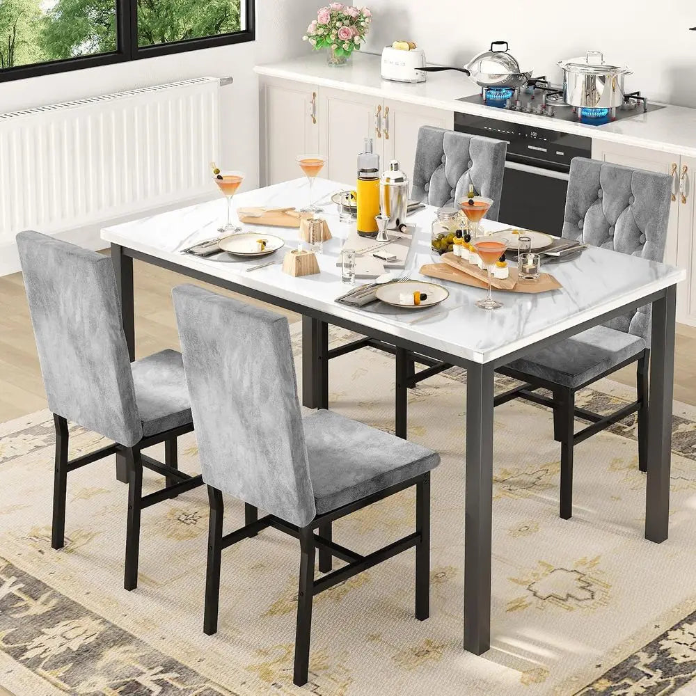 Modern Wooden Dining Table With Four Button Tufted Chairs