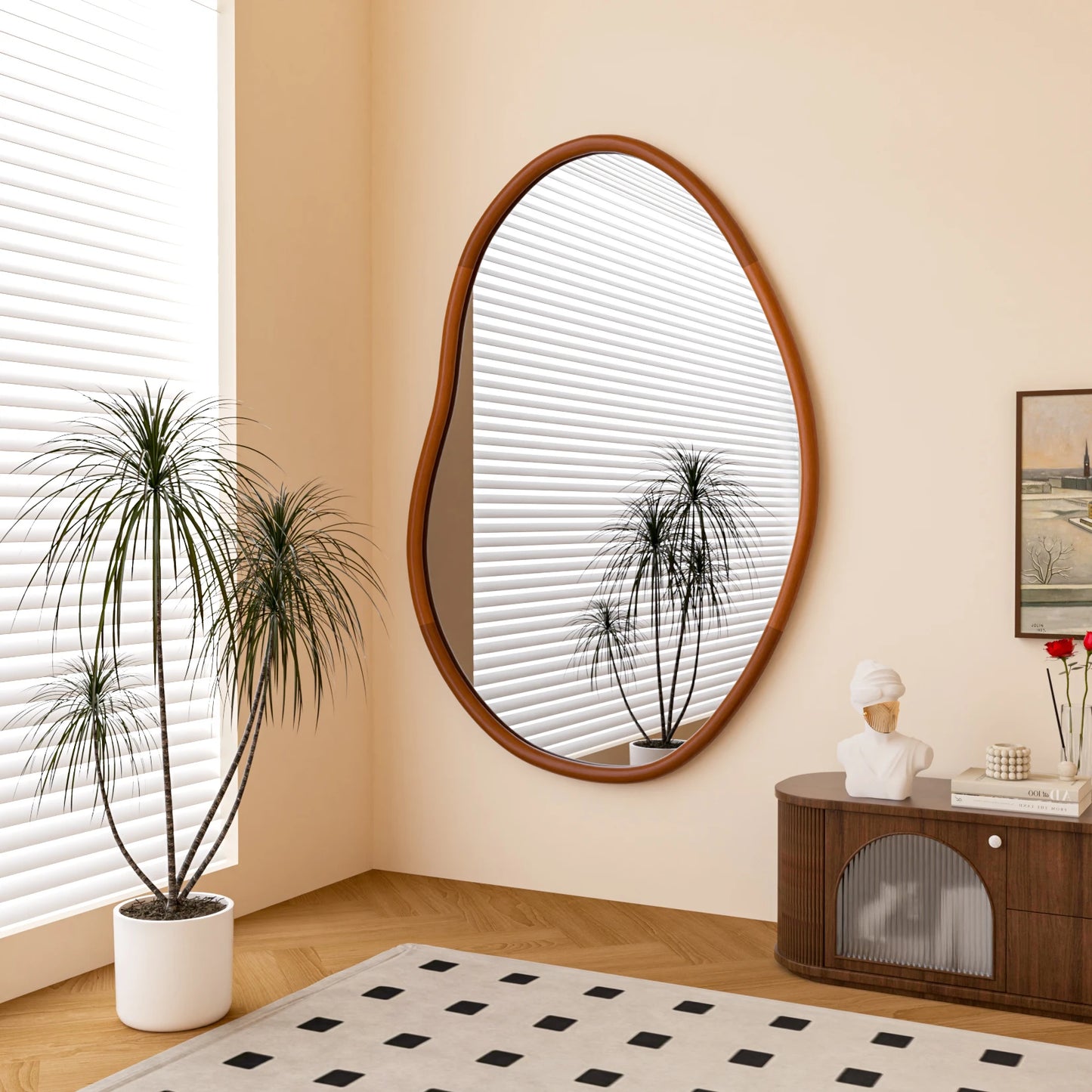 Mid Century Asymmetrical Wood Frame Wall Mirror Home Decor