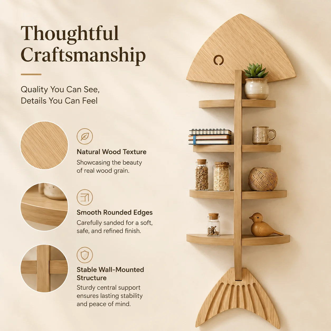 Floating Wooden Fish Skeleton Wall Shelf For Home Decor Display