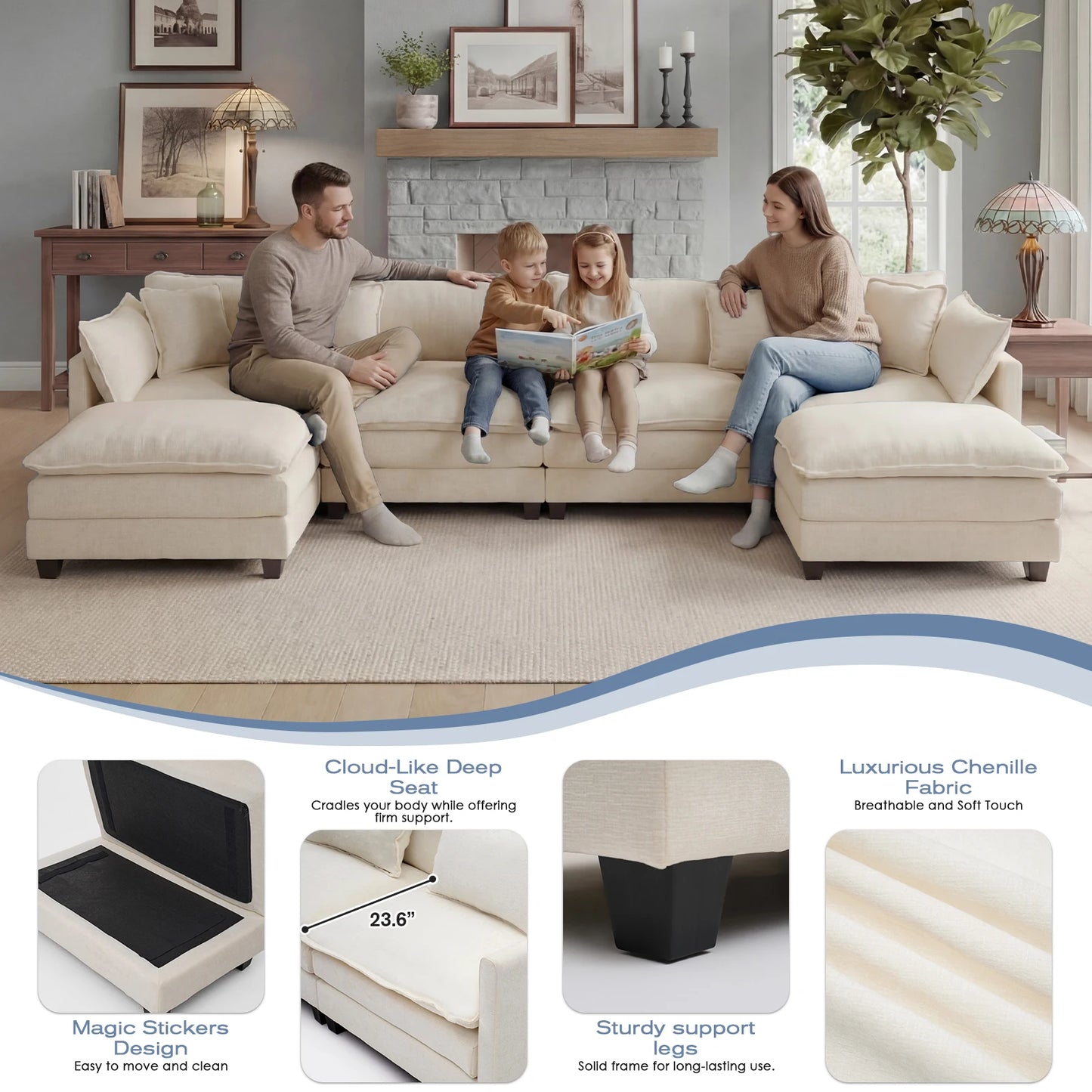 Modern Modular Sectional Sofa With Ottoman And Deep Seat Design