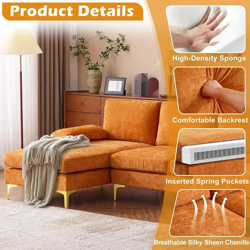 Four Seat Chenille Upholstered Sectional Sofa With Double Chaise