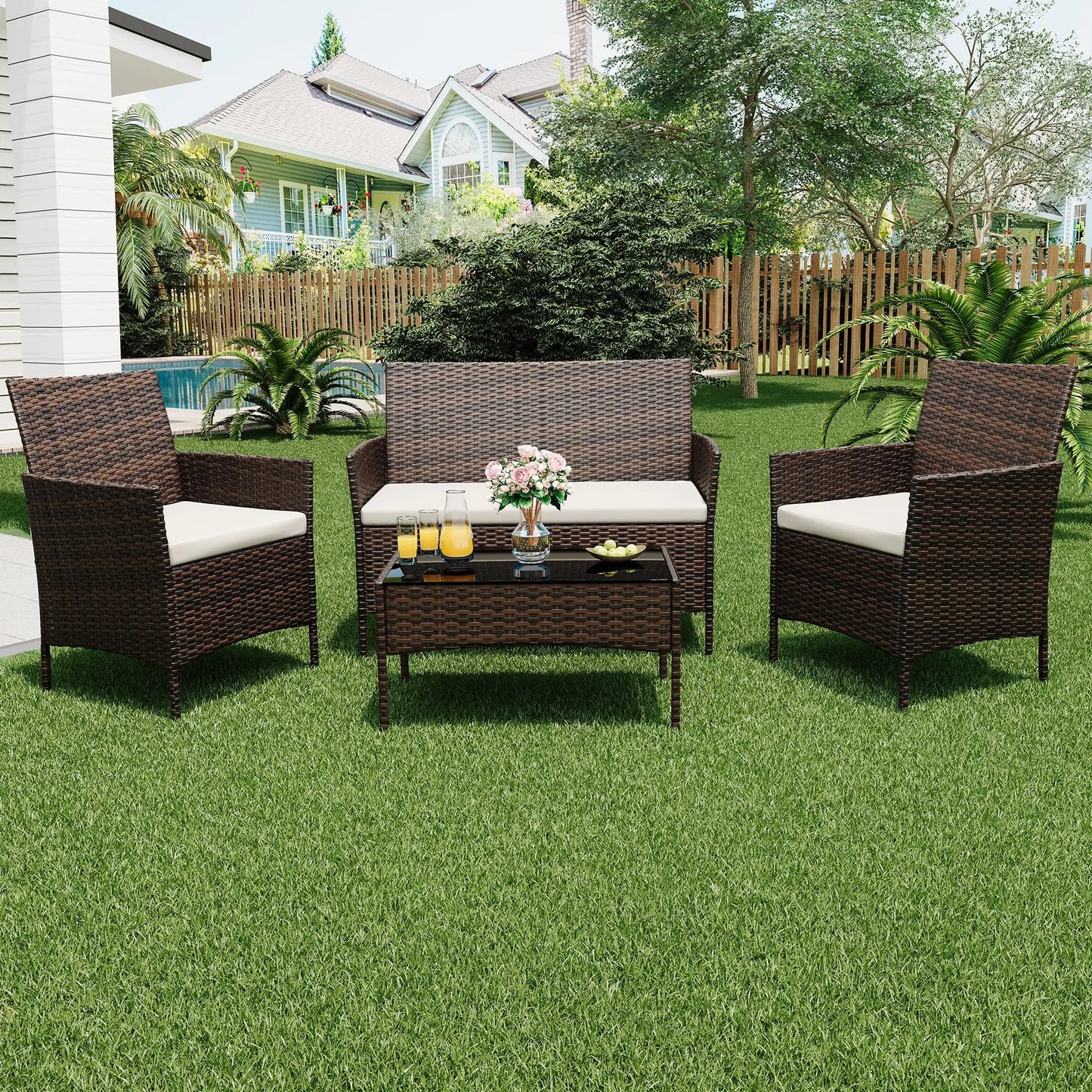 HiMISS 4 Piece Outdoor Rattan Patio Set With Glass Table
