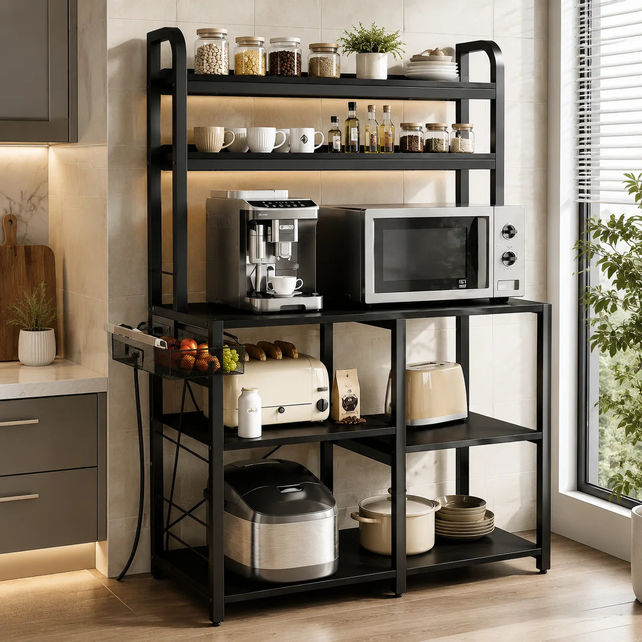 Freestanding Kitchen Baker Rack With Power Outlet And Storage Shelf