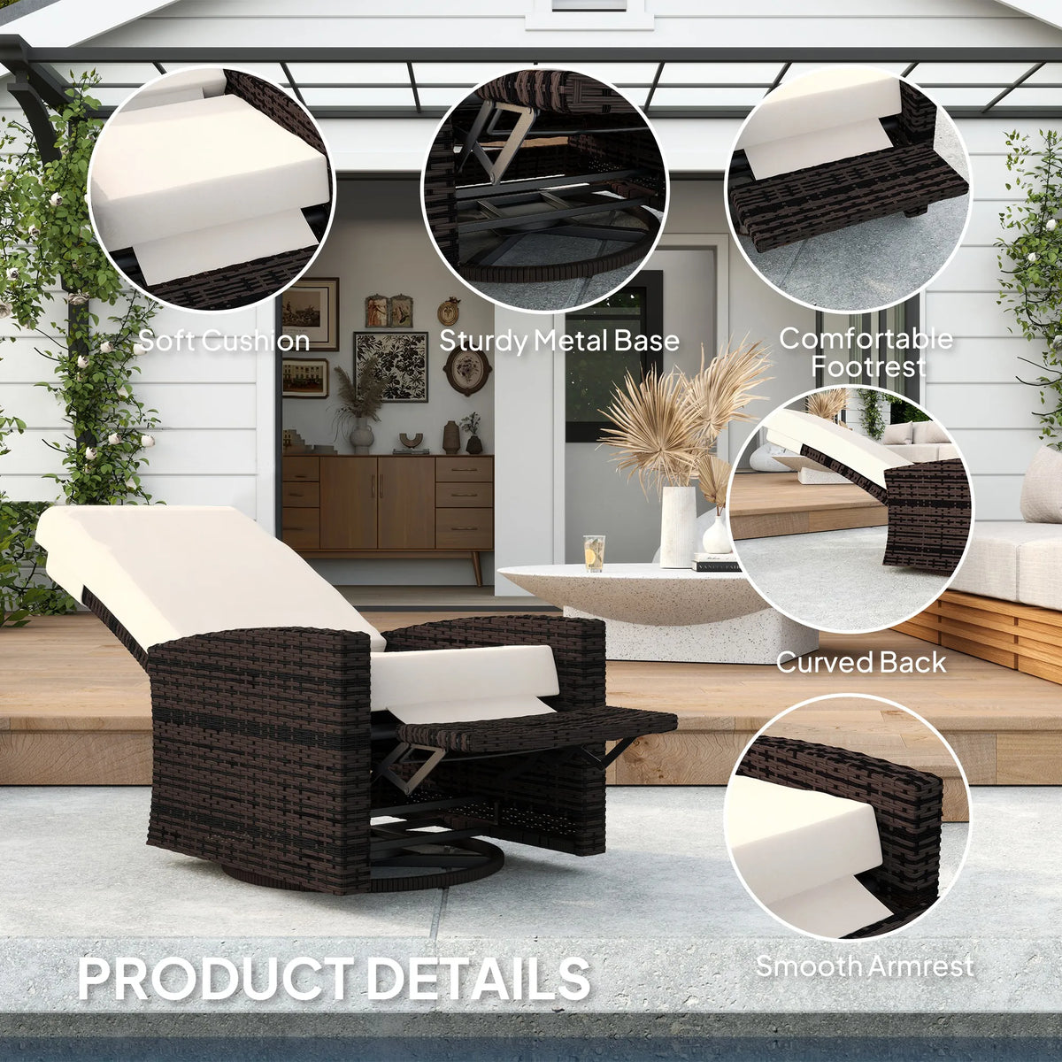 Outsunny Outdoor Rattan Swivel Patio Recliner With Cushion