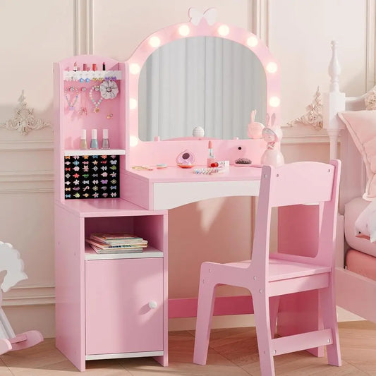 Wooden Kids Vanity Table With Chair And Storage Mirror
