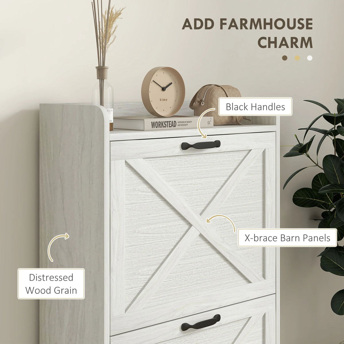 Farmhouse Slim Shoe Cabinet With Flip Drawers And Adjustable Shelves