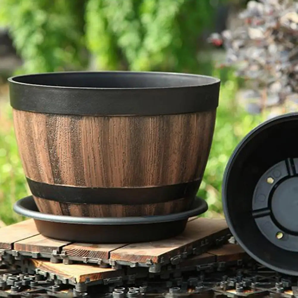 Rustic Faux Wooden Barrel Planter For Garden Patio Decor