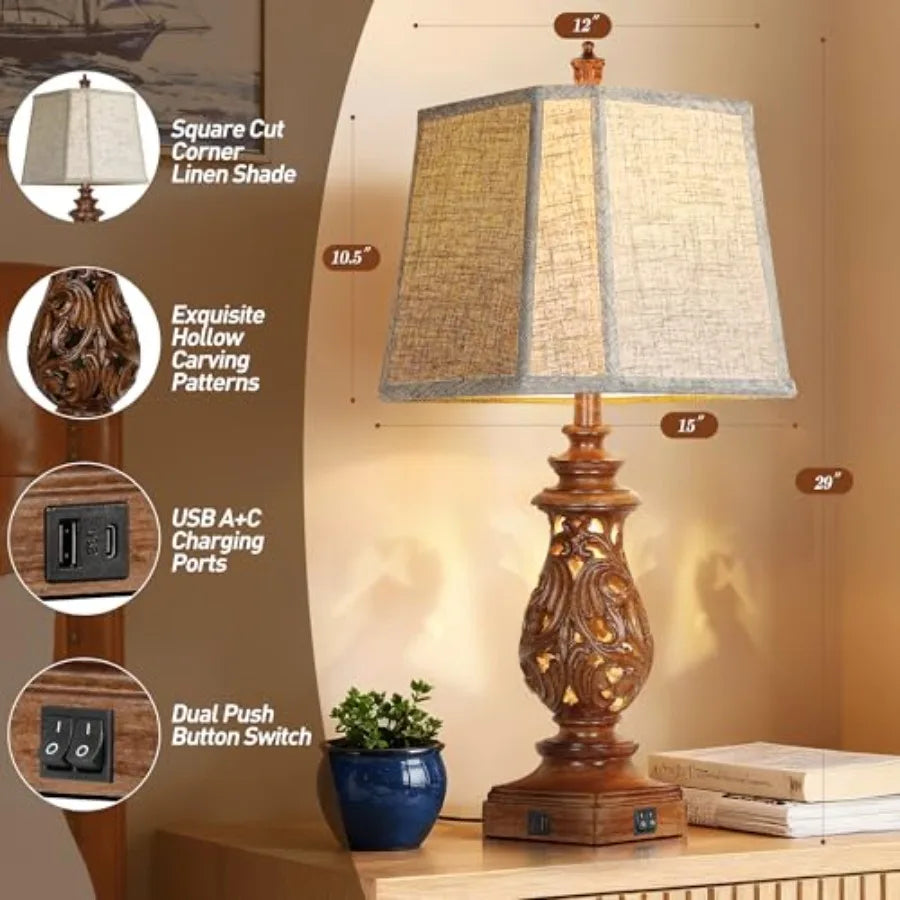 Farmhouse Table Lamps With Usb Charging Ports And Linen Shades