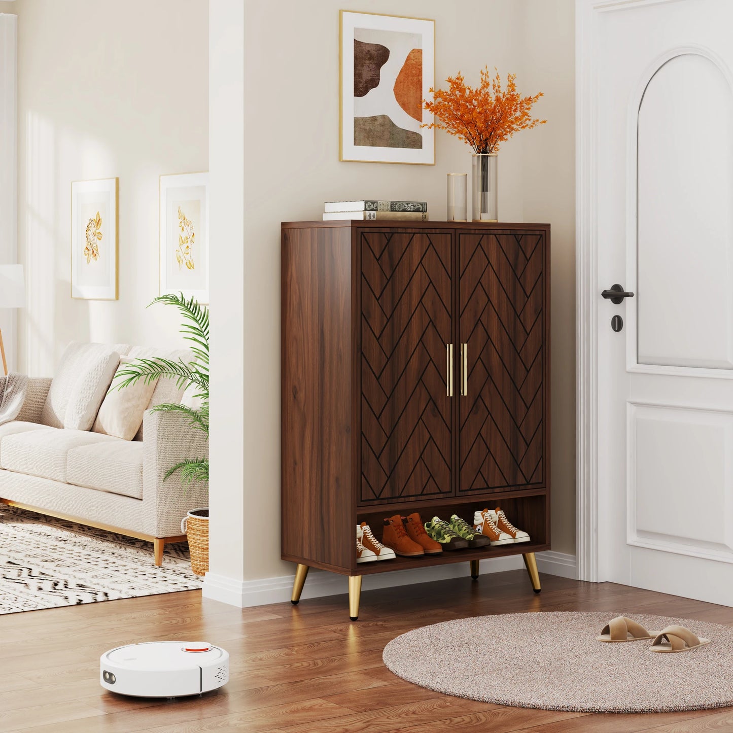 Tribesigns Wooden Shoe Storage Cabinet With Adjustable Doors And Shelves