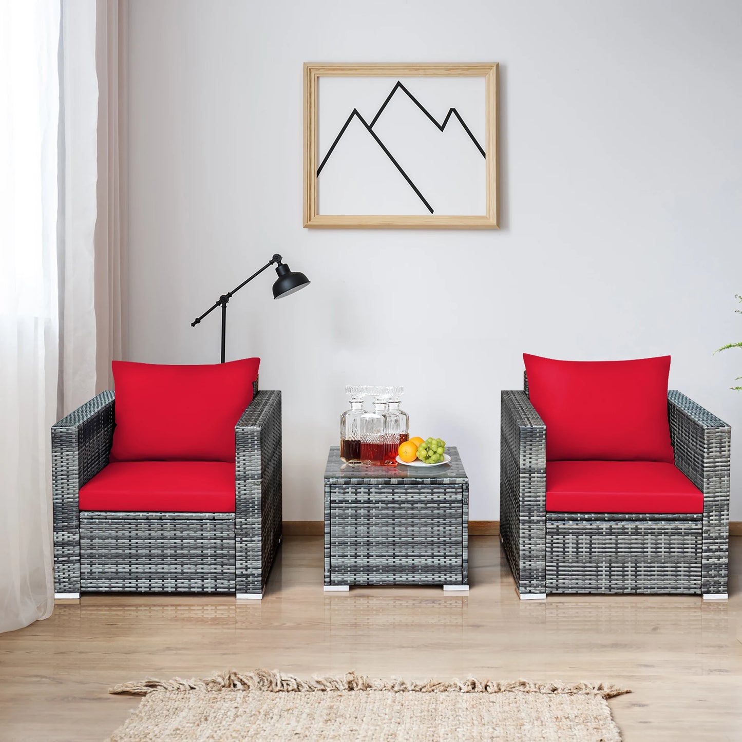 HOMASIS Outdoor Rattan Bistro Sofa Chair Table Cushioned Set